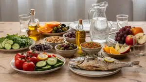 Ένα ισορροπημένο μεσογειακό γεύμα σε τραπέζι με πολύχρωμα λαχανικά, όσπρια, ψάρι, ελαιόλαδο, φρούτα και νερό, που αποτυπώνει τη σύνδεση της διατροφής με την καθημερινή ευεξία.