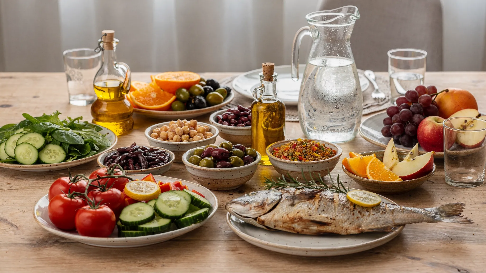 Ένα ισορροπημένο μεσογειακό γεύμα σε τραπέζι με πολύχρωμα λαχανικά, όσπρια, ψάρι, ελαιόλαδο, φρούτα και νερό, που αποτυπώνει τη σύνδεση της διατροφής με την καθημερινή ευεξία.