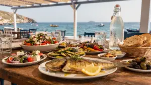 Καλοκαιρινό τραπέζι σε ελληνική ταβέρνα με σαλάτα, ψητό ψάρι, λαχανικά, νερό, ψωμί και μικρά πιάτα για μοίρασμα δίπλα στη θάλασσα.