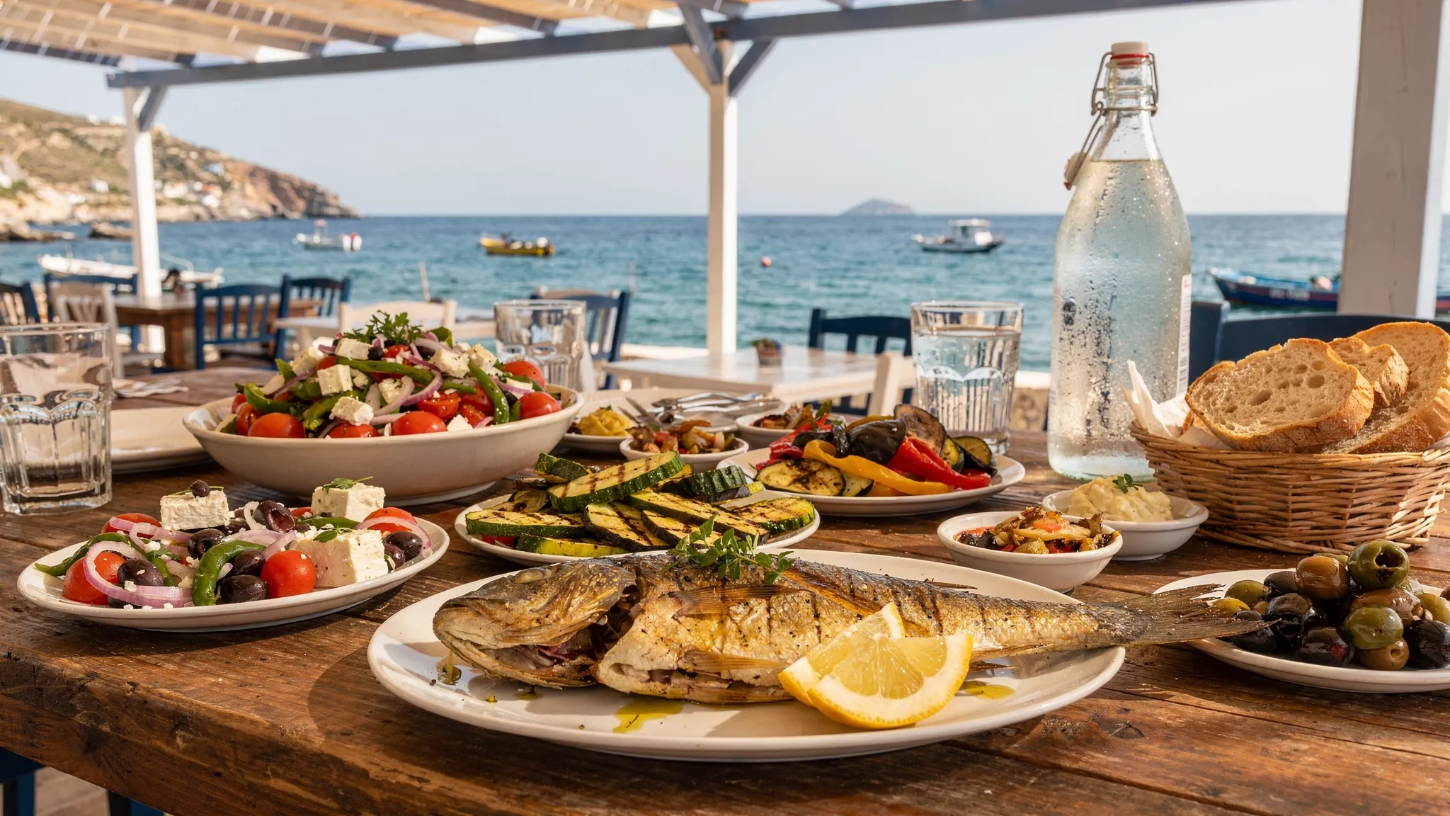 Καλοκαιρινό τραπέζι σε ελληνική ταβέρνα με σαλάτα, ψητό ψάρι, λαχανικά, νερό, ψωμί και μικρά πιάτα για μοίρασμα δίπλα στη θάλασσα.
