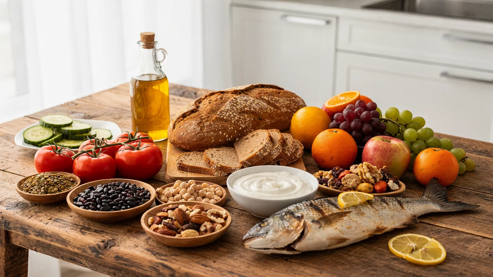 Τραπέζι με μεσογειακά τρόφιμα όπως ελαιόλαδο, ντομάτες, αγγούρια, ψωμί ολικής άλεσης, όσπρια, φρούτα, ξηρούς καρπούς, γιαούρτι και ψητό ψάρι, απλωμένα σε φωτεινή κουζίνα.