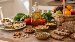 Τραπέζι με μεσογειακά τρόφιμα, όπως ελαιόλαδο, ντομάτες, πράσινα λαχανικά, όσπρια, ψάρι, ξηρούς καρπούς, φρούτα και ψωμί ολικής άλεσης.