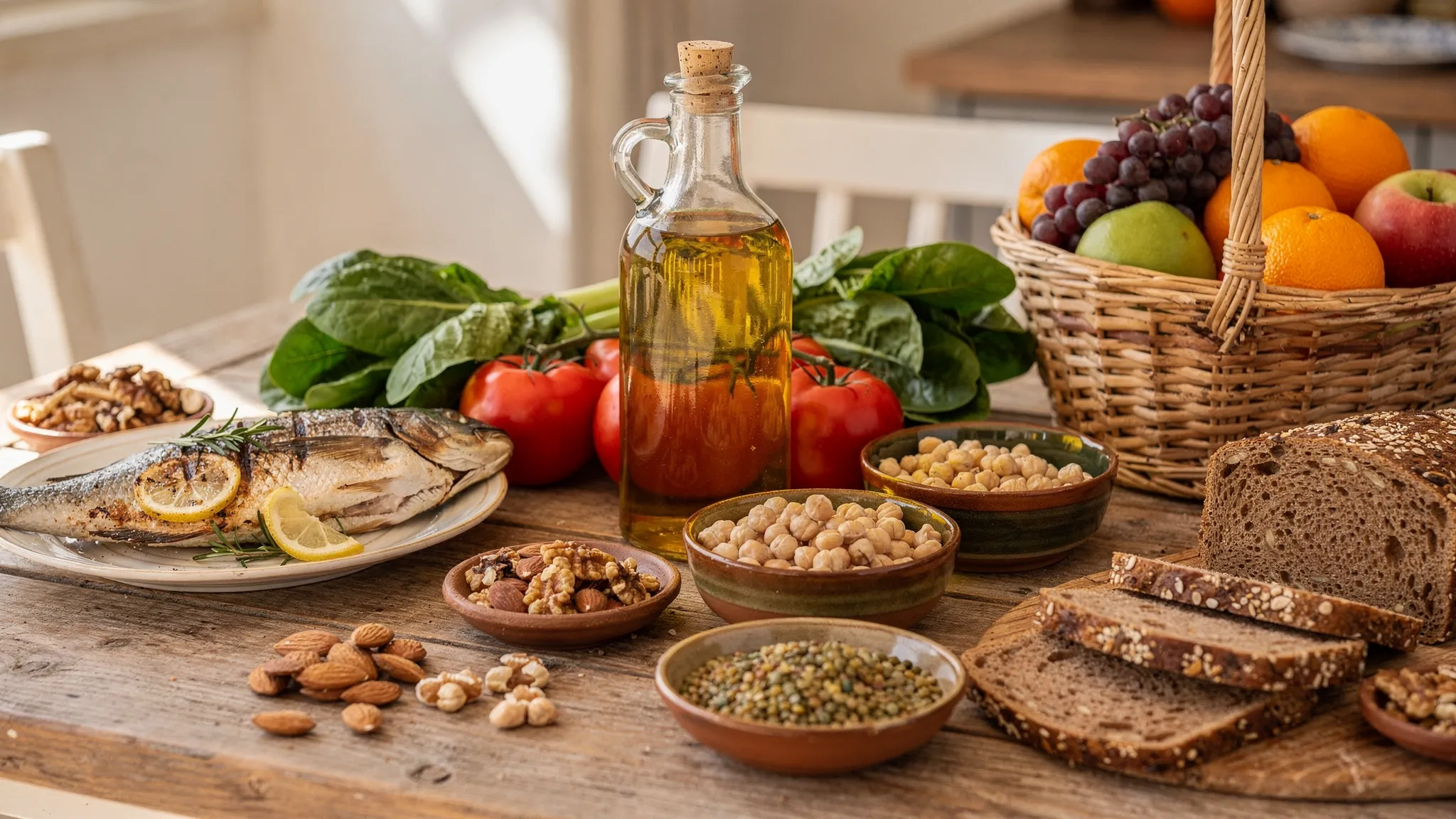 Τραπέζι με μεσογειακά τρόφιμα, όπως ελαιόλαδο, ντομάτες, πράσινα λαχανικά, όσπρια, ψάρι, ξηρούς καρπούς, φρούτα και ψωμί ολικής άλεσης.