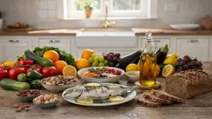 Τραπέζι με μεσογειακά τρόφιμα, όπως φρέσκα λαχανικά, φρούτα, όσπρια, ψάρι, ελαιόλαδο, ξηρούς καρπούς και ψωμί ολικής άλεσης, σε φωτεινή κουζίνα.