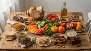 Τραπέζι με νηστίσιμα τρόφιμα όπως όσπρια, λαχανικά, ψωμί ολικής άλεσης, ταχίνι, ξηρούς καρπούς, φρούτα και ελαιόλαδο, τοποθετημένα με τρόπο που θυμίζει ισορροπημένο οικογενειακό γεύμα.