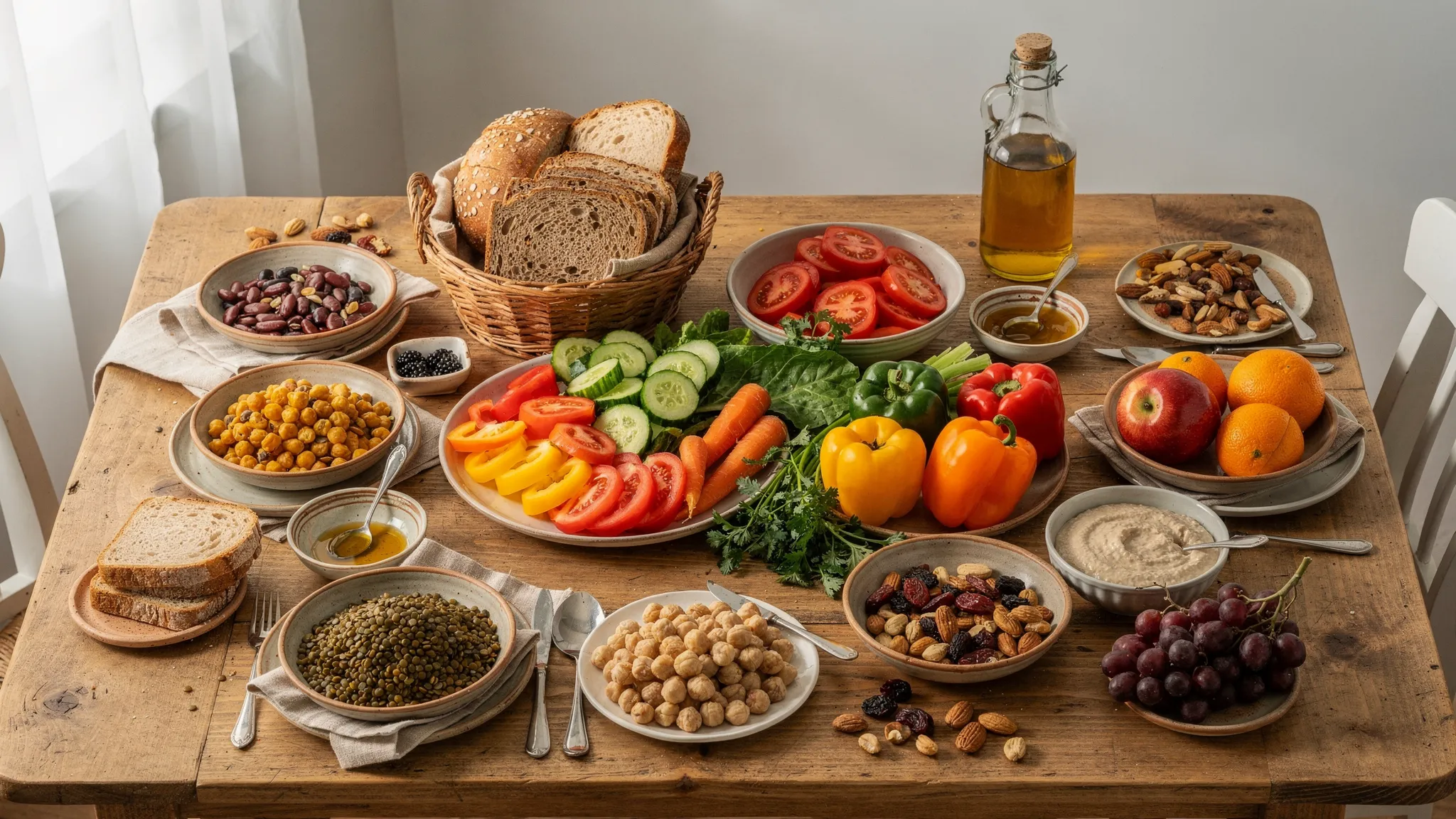 Τραπέζι με νηστίσιμα τρόφιμα όπως όσπρια, λαχανικά, ψωμί ολικής άλεσης, ταχίνι, ξηρούς καρπούς, φρούτα και ελαιόλαδο, τοποθετημένα με τρόπο που θυμίζει ισορροπημένο οικογενειακό γεύμα.