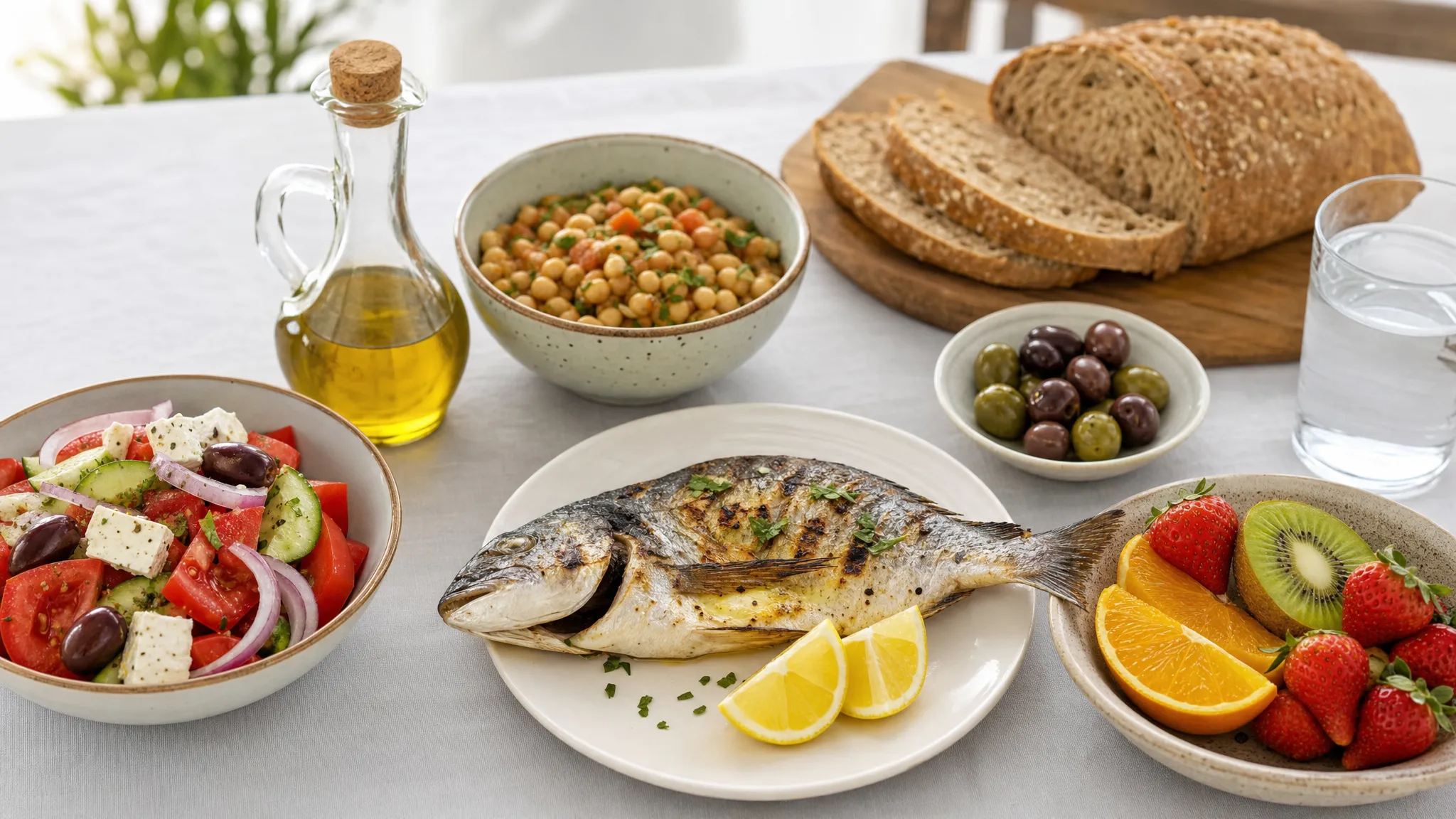 Ένα ισορροπημένο μεσογειακό γεύμα σε καθαρό τραπέζι με σαλάτα, όσπρια, ψάρι, ελαιόλαδο, ψωμί ολικής άλεσης και φρέσκα φρούτα, παρουσιασμένο σαν απλό καθημερινό πιάτο.