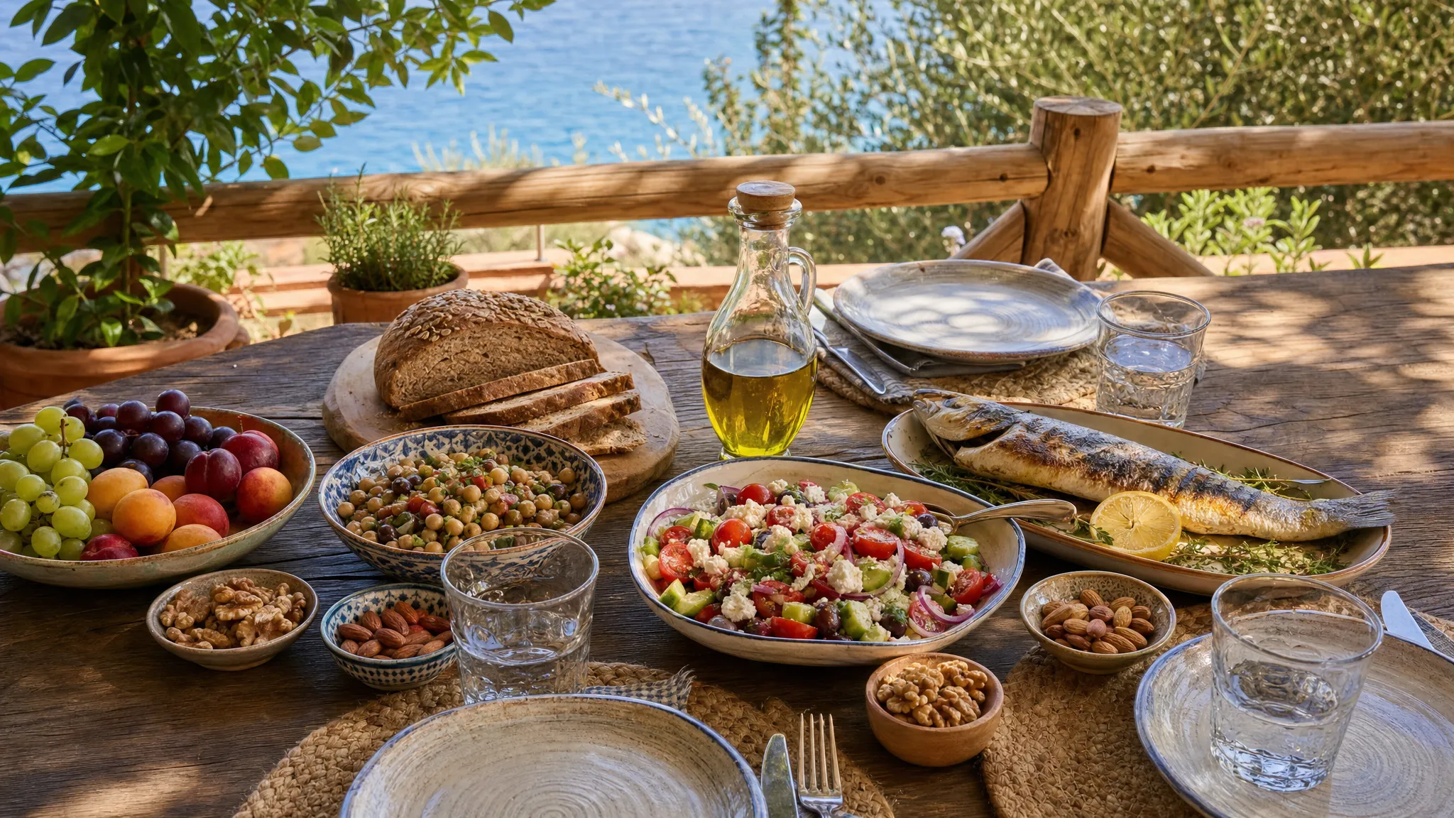 Ένα μεσογειακό τραπέζι στημένο σε ξύλινη βεράντα με σαλάτα, ελαιόλαδο, όσπρια, ψωμί ολικής άλεσης, φρούτα, ψάρι και μικρά μπολ με ξηρούς καρπούς, έτοιμο για ένα απλό οικογενειακό γεύμα.