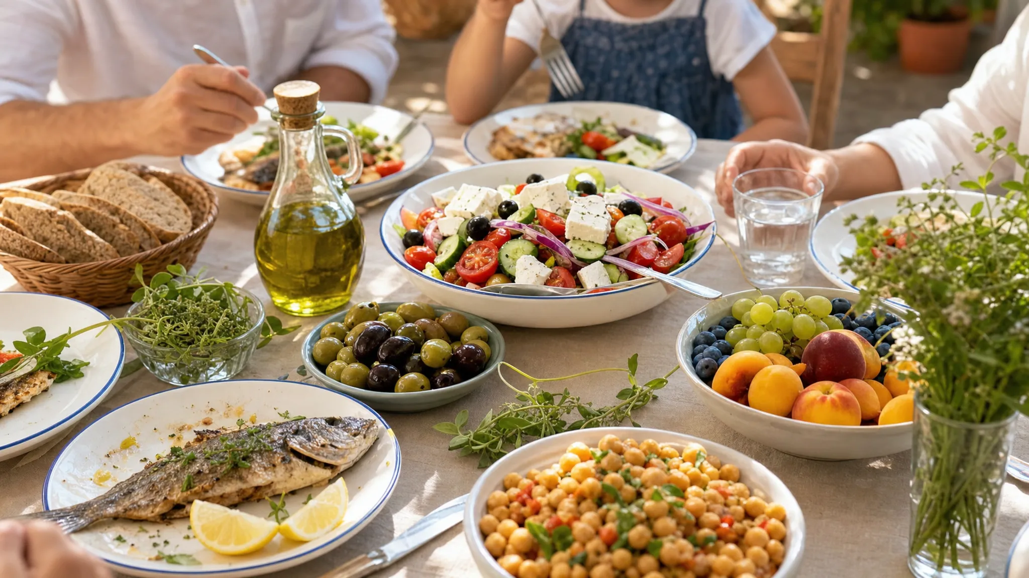 Μεσογειακό τραπέζι με πολύχρωμη σαλάτα, ελαιόλαδο, ψάρι, όσπρια, ψωμί ολικής άλεσης, φρούτα και μυρωδικά, σε ένα φωτεινό οικογενειακό γεύμα.