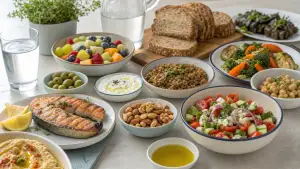 Μπουφέ με μεσογειακές τροφές σε ξεχωριστά μικρά μπολ και πιάτα, όπως λαχανικά, φρούτα, όσπρια, ψάρι, ελαιόλαδο, ψωμί ολικής άλεσης, ξηρούς καρπούς και νερό, που αποτυπώνει μια ισορροπημένη υγιεινή διατροφή για όλη την ημέρα.