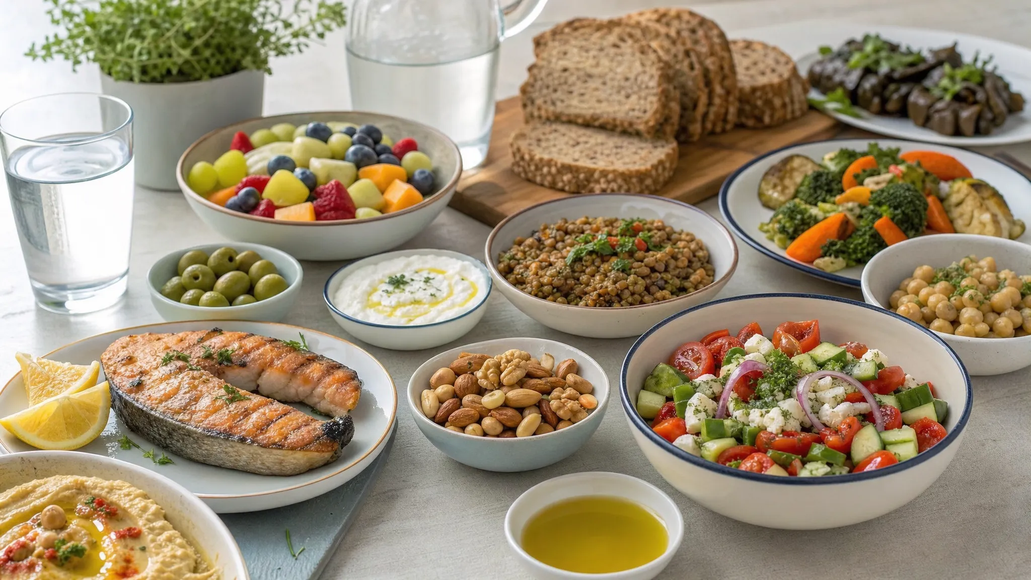 Μπουφέ με μεσογειακές τροφές σε ξεχωριστά μικρά μπολ και πιάτα, όπως λαχανικά, φρούτα, όσπρια, ψάρι, ελαιόλαδο, ψωμί ολικής άλεσης, ξηρούς καρπούς και νερό, που αποτυπώνει μια ισορροπημένη υγιεινή διατροφή για όλη την ημέρα.