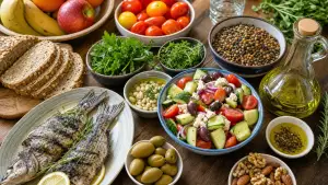 Τραπέζι με μεσογειακά τρόφιμα όπως ελαιόλαδο, ντομάτες, αγγούρι, όσπρια, ψάρι, ψωμί ολικής άλεσης, ξηρούς καρπούς, φρέσκα μυρωδικά και φρούτα εποχής, σε κοντινό κάδρο από ελαφρά ψηλή γωνία.