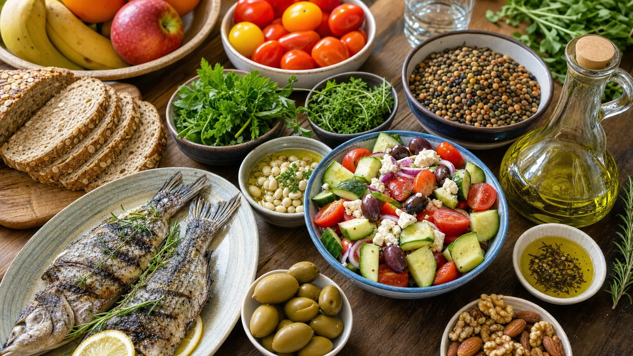 Τραπέζι με μεσογειακά τρόφιμα όπως ελαιόλαδο, ντομάτες, αγγούρι, όσπρια, ψάρι, ψωμί ολικής άλεσης, ξηρούς καρπούς, φρέσκα μυρωδικά και φρούτα εποχής, σε κοντινό κάδρο από ελαφρά ψηλή γωνία.