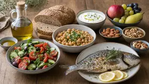 Ξύλινο τραπέζι με ελαιόλαδο, ντομάτες, αγγούρι, βρασμένα όσπρια, ψάρι, ψωμί ολικής άλεσης, γιαούρτι, φρούτα και μικρά μπολ με ξηρούς καρπούς, οργανωμένα σαν απλή προετοιμασία γευμάτων μεσογειακής διατροφής.