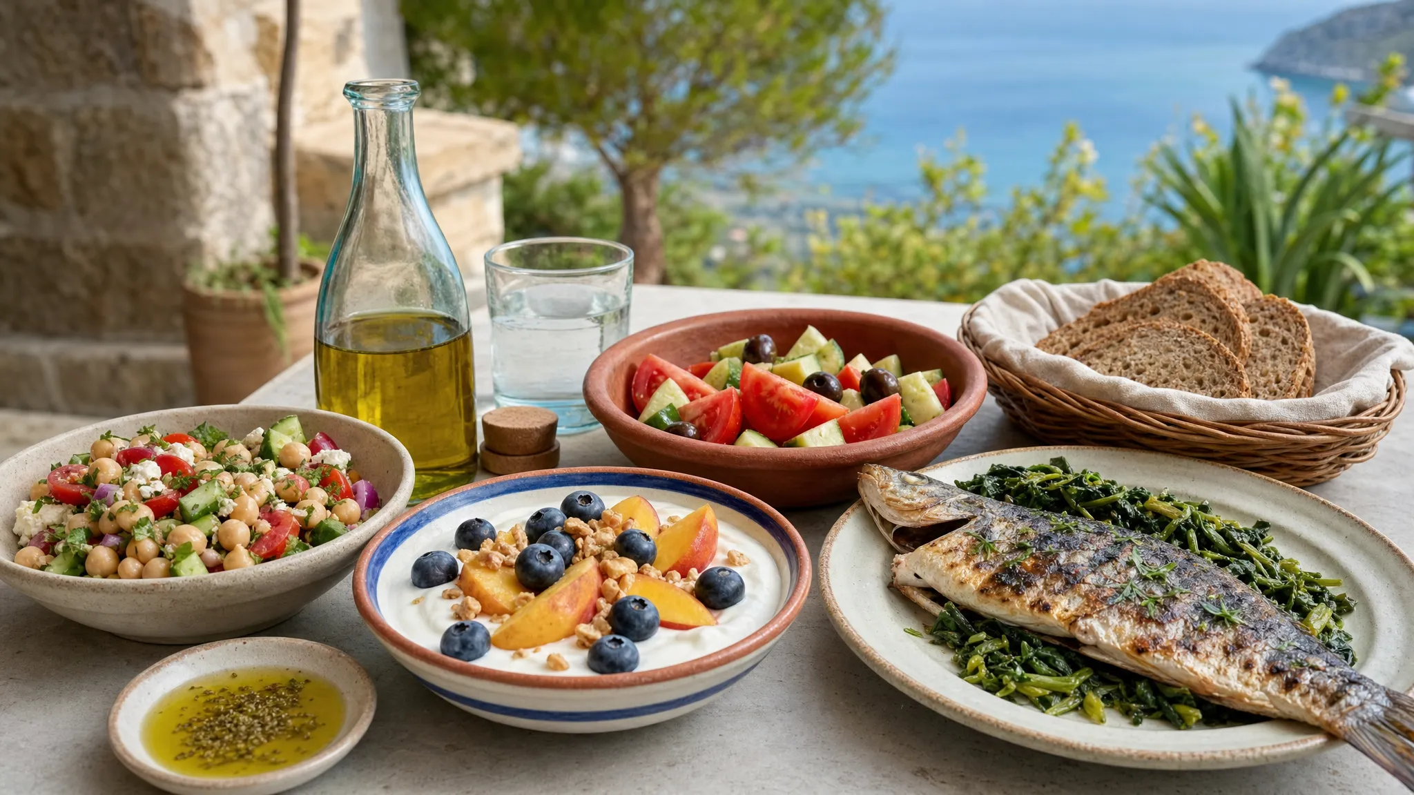 Υπαίθριο τραπέζι με απλά μεσογειακά γεύματα: σαλάτα με όσπρια, γιαούρτι με φρούτα, ψωμί ολικής, ελαιόλαδο, λαχανικά εποχής και ένα πιάτο με ψητό ψάρι και χόρτα.