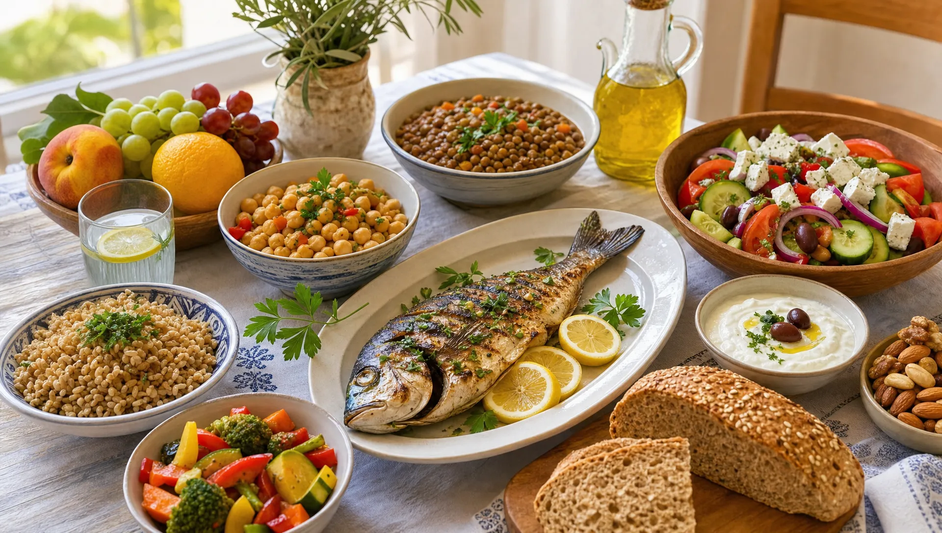 Ένα πλήρες μεσογειακό γεύμα σε φωτεινό τραπέζι τραπεζαρίας με ψητό ψάρι, όσπρια, πολύχρωμα λαχανικά, δημητριακά ολικής άλεσης, ελαιόλαδο, γιαούρτι, ξηρούς καρπούς και φρούτα.