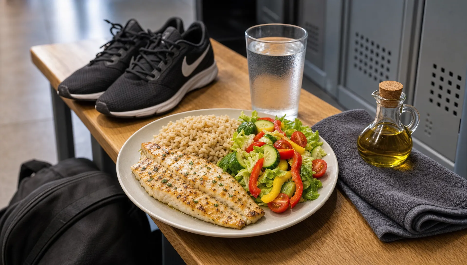 Ισορροπημένο γεύμα για fitness διατροφή με ψητό ψάρι, καστανό ρύζι, σαλάτα με πολύχρωμα λαχανικά, ελαιόλαδο, ένα ποτήρι νερό και αθλητικά παπούτσια σε πάγκο αποδυτηρίου μετά την προπόνηση.