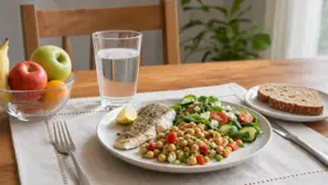 Σε φωτεινή τραπεζαρία, ένα πιάτο με σαλάτα, όσπρια, ψάρι και ψωμί ολικής άλεσης δίπλα σε φρούτα και ένα ποτήρι νερό, με αίσθηση απλής καθημερινής διατροφής χωρίς στερήσεις.