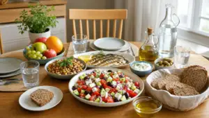 Ισορροπημένο μεσογειακό τραπέζι με πολύχρωμη σαλάτα, όσπρια, ψάρι, ψωμί ολικής, ελαιόλαδο, φρούτα και νερό, σε φωτεινό καθημερινό περιβάλλον τραπεζαρίας.